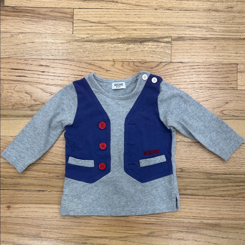 Moschino Gray, blue & Red Faux-Vest Baby Tshirt . 6/9 months